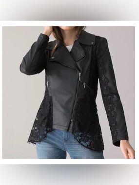 WHBM NWT Lace-Trimmed Coated Denim Moto Jacket